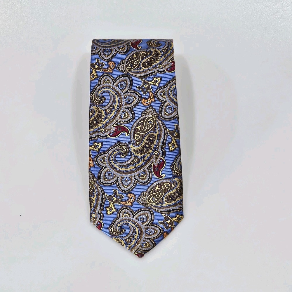 Jos A Bank Signature Gold 100% Silk Necktie Yellow Blue Copper Large Paisley 3½"